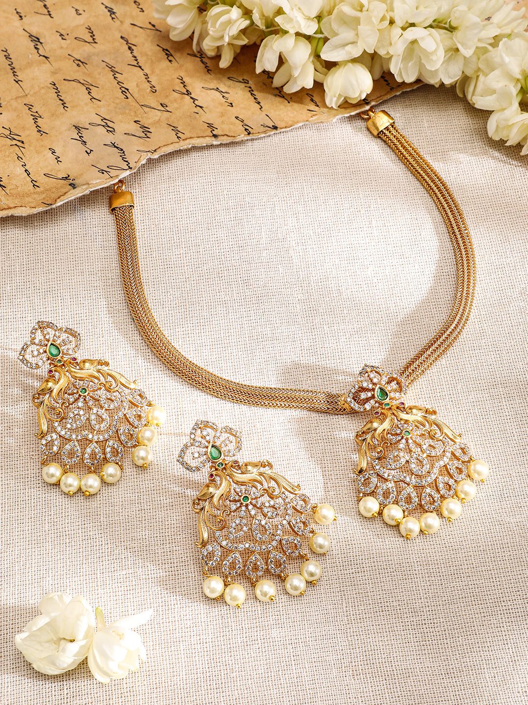 Pearl Drop American Diamond Zirconia Gold Necklace Set