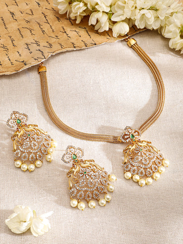 Pearl Drop American Diamond Zirconia Gold Necklace Set