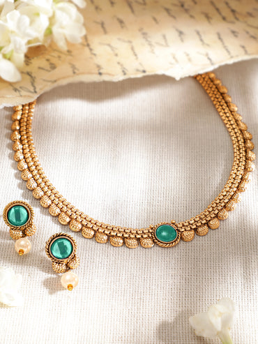 Green Studded Golden Necklace Set