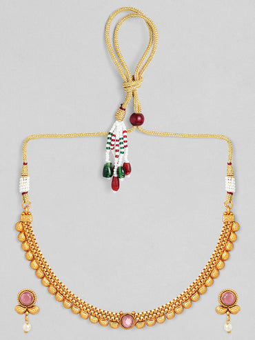 Pink Accented Golden Collar Necklace Set