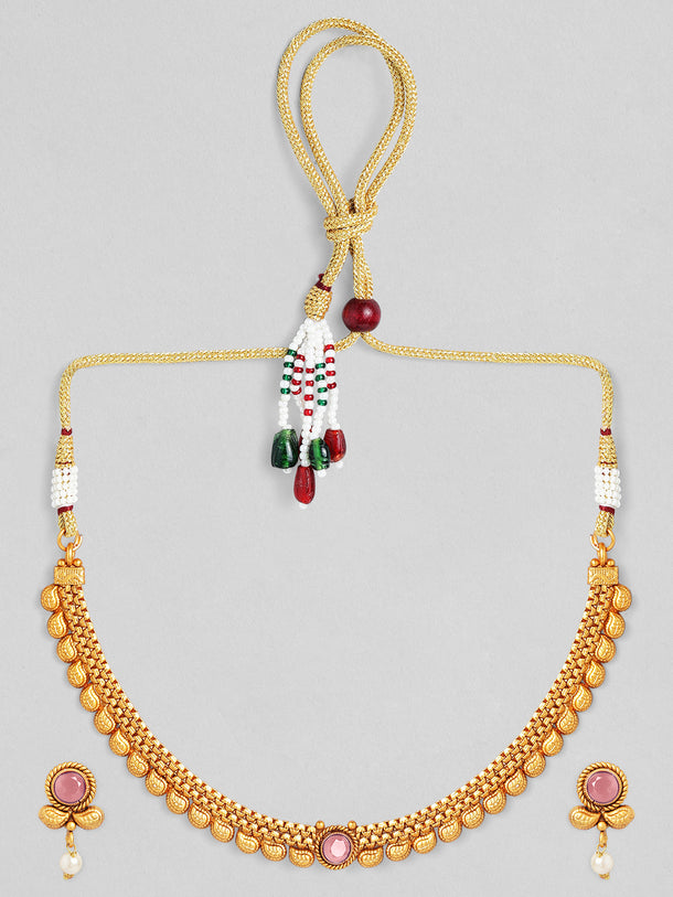 Pink Accented Golden Collar Necklace Set