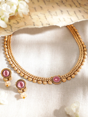 Pink Accented Golden Collar Necklace Set