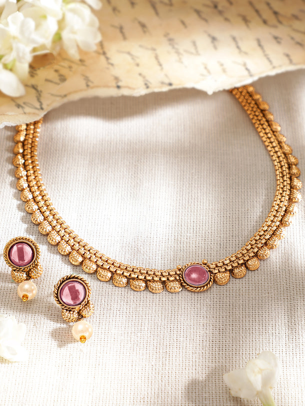 Pink Accented Golden Collar Necklace Set