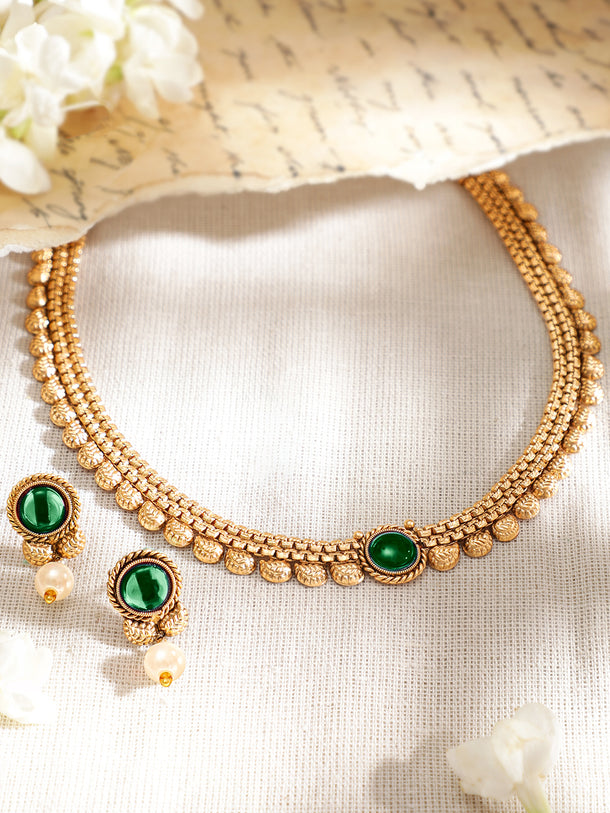 Alluring Green Gold Plated Necklace Set