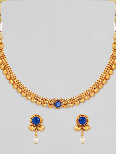 Gold Toned Blue Accented Necklace Set