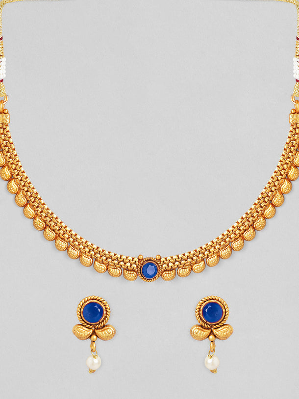 Gold Toned Blue Accented Necklace Set