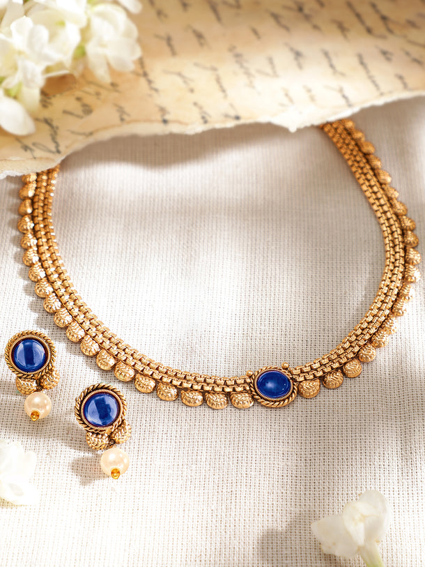 Gold Toned Blue Accented Necklace Set