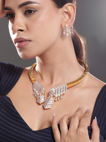 Gold Toned American Diamond Zirconia Geometric Choker Set