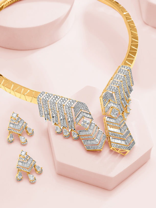Gold Toned American Diamond Zirconia Geometric Choker Set