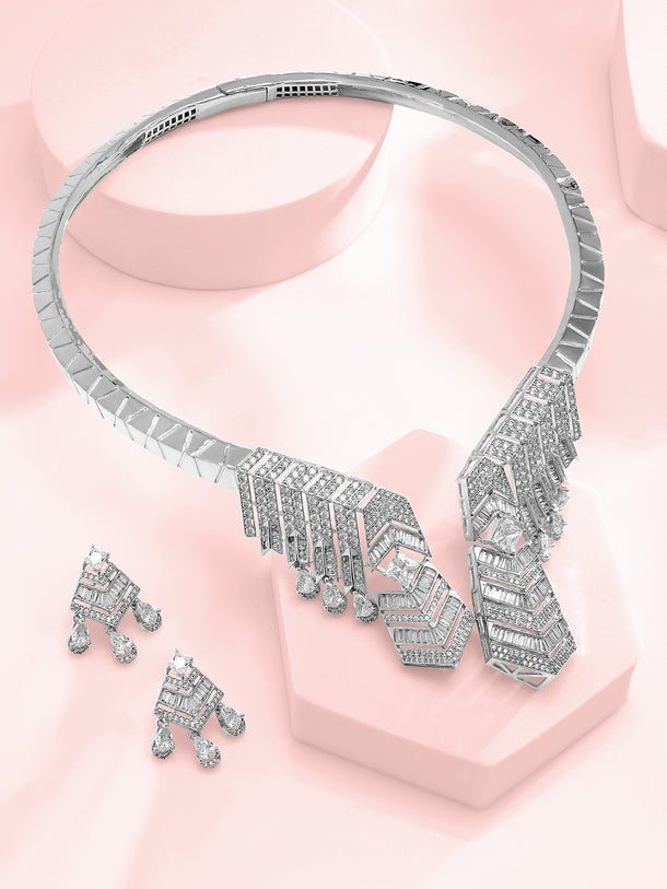 American Diamond Zirconia Collar Statement Necklace Set