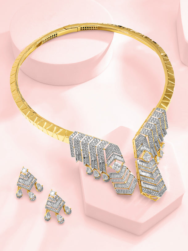 Gold Toned American Diamond Zirconia Geometric Choker Set