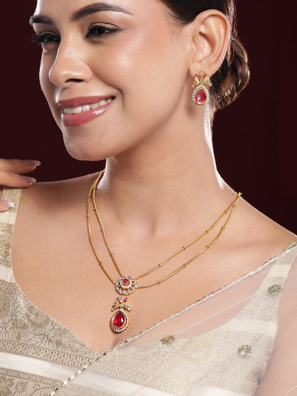 Ruby & American Diamond Zirconia Studded Necklace Set