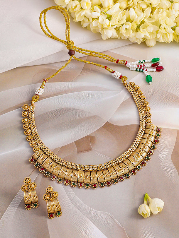 Floral Motif Red & Green Studded Necklace Set