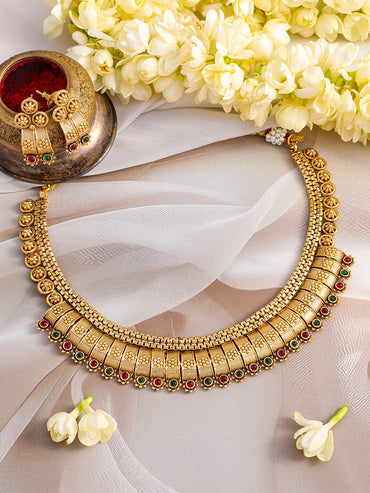 Floral Motif Red & Green Studded Necklace Set