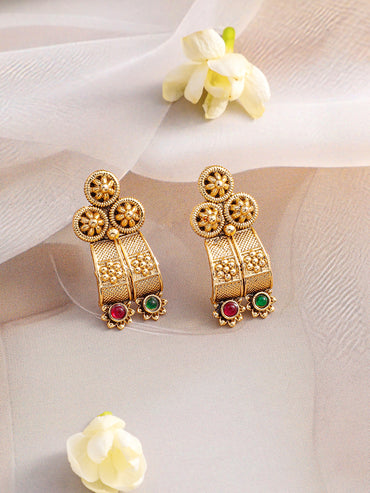 Floral Motif Red & Green Studded Necklace Set