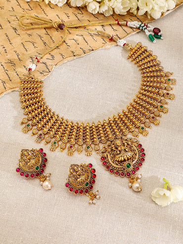 Red Studded Gold Temple Necklace Set