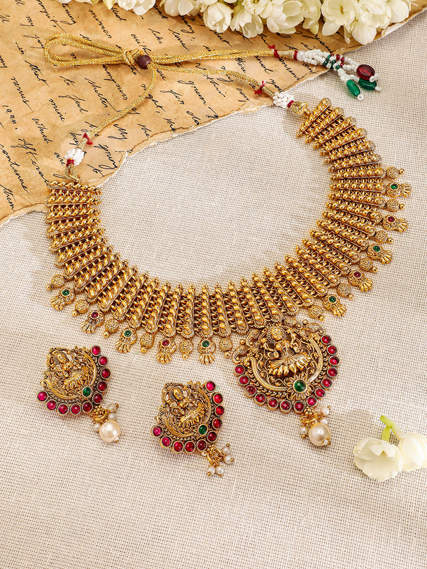 Red Studded Gold Temple Necklace Set