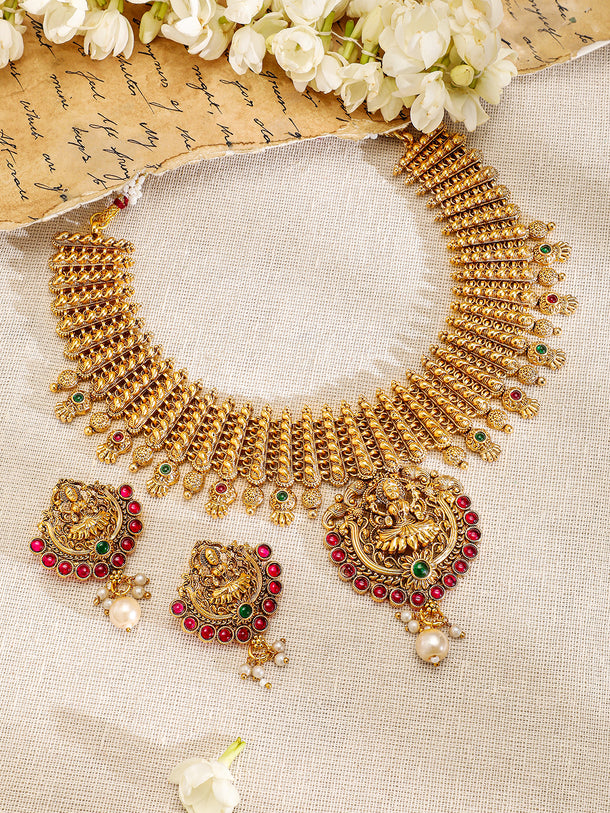 Red Studded Gold Temple Necklace Set