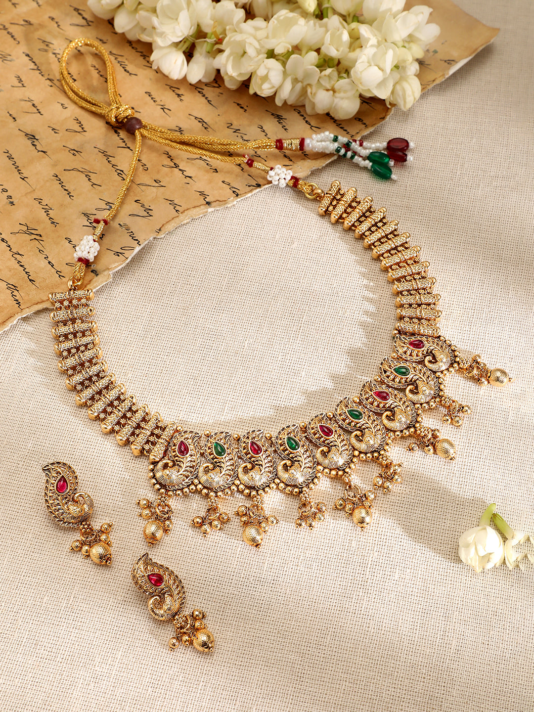 Rubans 22K Gold-Plated Ruby & Emerald Stone Handcrafted Necklace Set with Traditional Paisley Motif