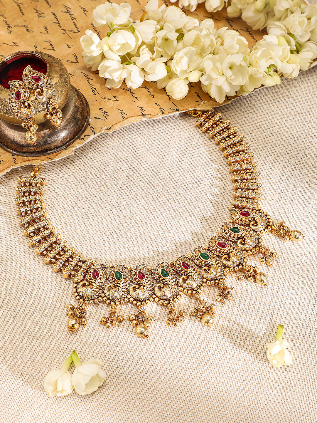 Rubans 22K Gold-Plated Ruby & Emerald Stone Handcrafted Necklace Set with Traditional Paisley Motif