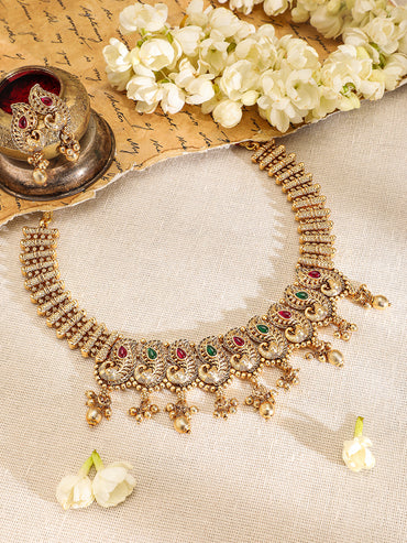 Peacock Motif Pink & Green Studded Necklace Set