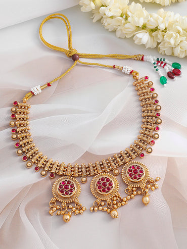 Pink Studded Golden Beads Necklace Set