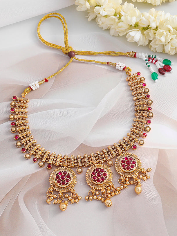 Pink Studded Golden Beads Necklace Set