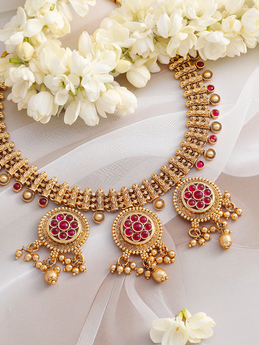 Pink Studded Golden Beads Necklace Set