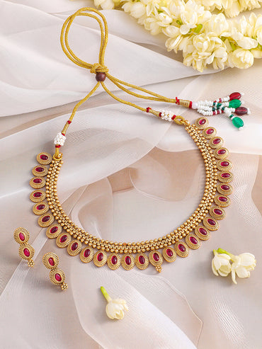 Ruby Pink Studded Golden Necklace Set