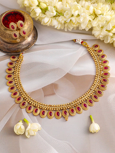 Ruby Pink Studded Golden Necklace Set