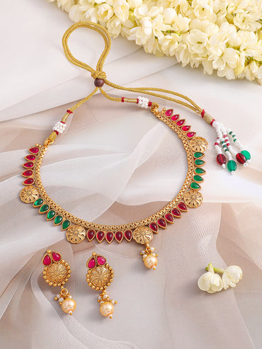 Gold Necklace Set With Pink & Green Studs
