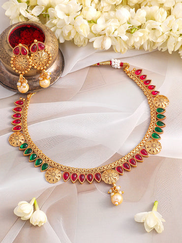 Gold Necklace Set With Pink & Green Studs