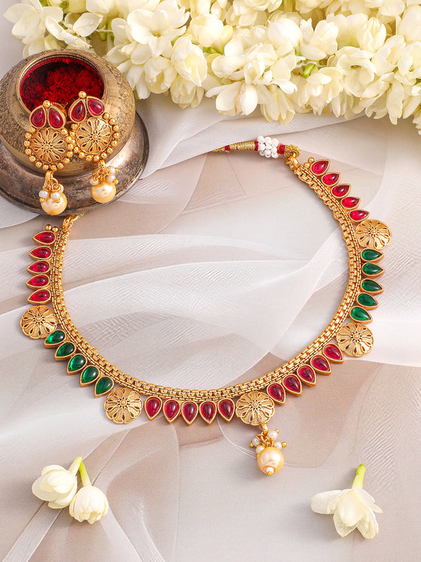 Gold Necklace Set With Pink & Green Studs