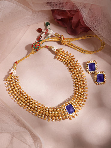 Blue Studded Golden Necklace Set