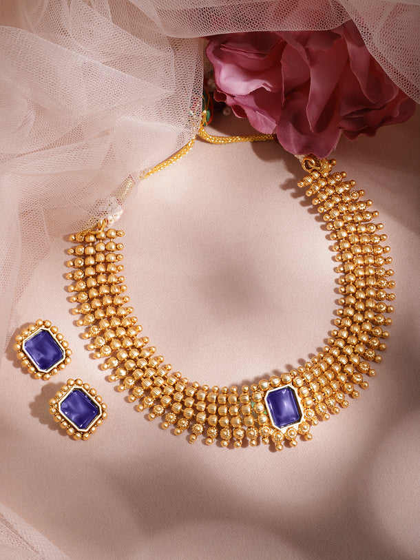 Blue Studded Golden Necklace Set