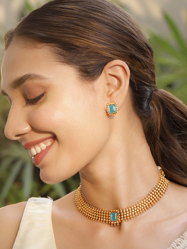 Blue Studded Golden Choker Set