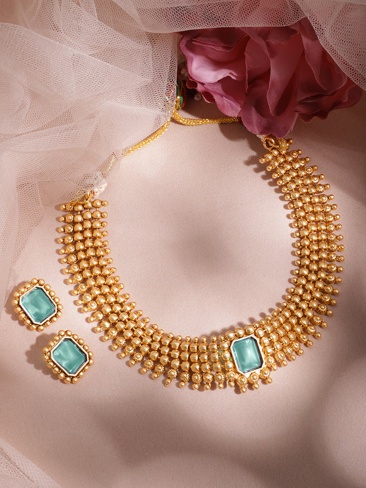 Blue Studded Golden Choker Set