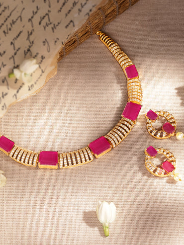 American Diamond Zirconia Pink Cubic Necklace Set