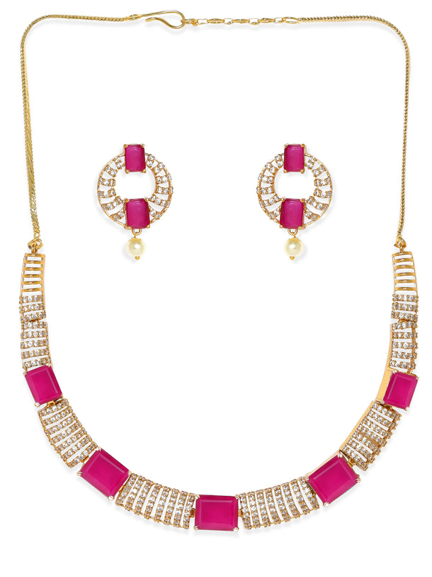 American Diamond Zirconia Pink Cubic Necklace Set