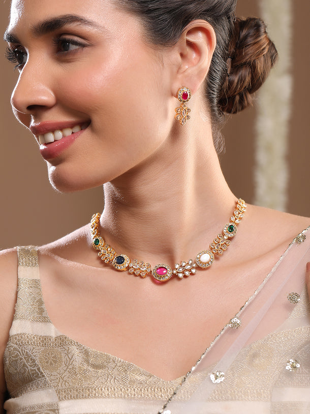 American Diamond Zirconia Multicolor Kundan Choker Set