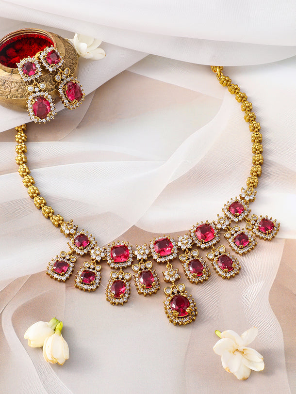 Ruby Studded American Diamond Zirconia Floral Necklace Set