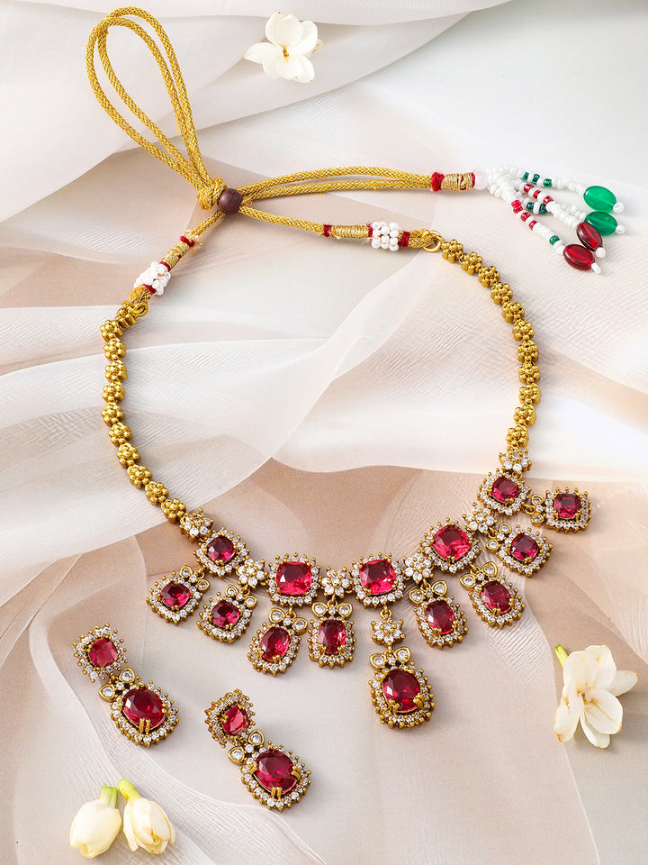 Ruby Studded American Diamond Zirconia Floral Necklace Set