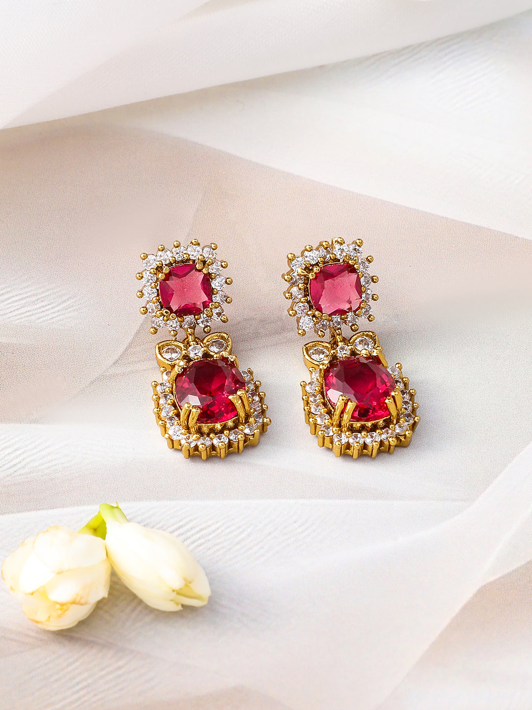 Ruby Studded American Diamond Zirconia Floral Necklace Set