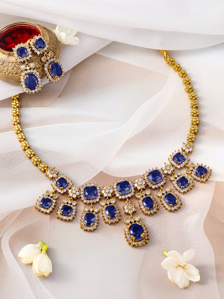 American Diamond Zirconia Blue Studded Necklace Set