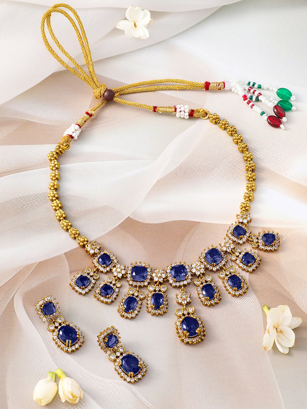 American Diamond Zirconia Blue Studded Necklace Set