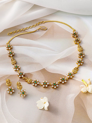 American Diamond Zirconia Floral Temple Necklace Set