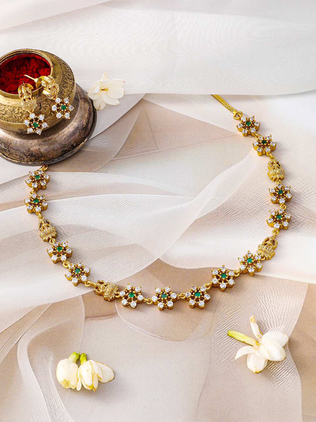 American Diamond Zirconia Floral Temple Necklace Set