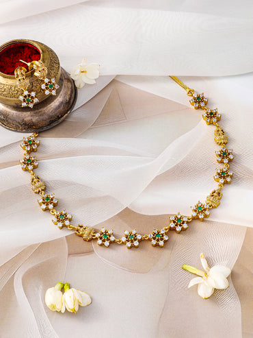 American Diamond Zirconia Floral Temple Necklace Set