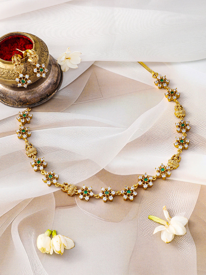 American Diamond Zirconia Floral Temple Necklace Set