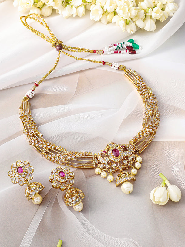 White Studded Pearl Gold Toned Necklace Set